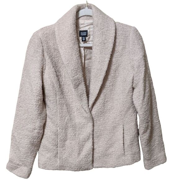 Eileen Fisher taupe wool blazer Small Boucle weave textured shawl collar pockets - Picture 1 of 8